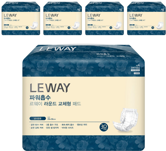 르웨이 남녀공용 파워흡수 라운드 교체형 패드, 30매입, 5개