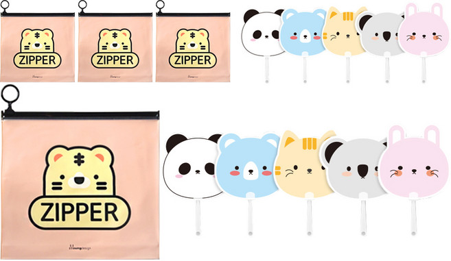 애니멀 프랜즈 부채 5p + 애니멀 지퍼백 미디움 2p 세트, 아프리콧(지퍼백), 랜덤발송(부채), 2세트