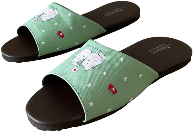 TAIWAN SLIPPER 台灣犀利趴 經典系列 皮質室內拖鞋, 甜心小貓 綠色, 1雙