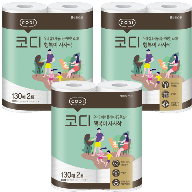 코디 행복이 사사삭 천연펄프 키친타올, 2롤, 3개