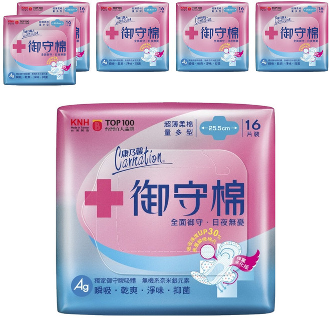 康乃馨 御守棉衛生棉 護翼型, 量多型(25.5cm), 16片, 6包