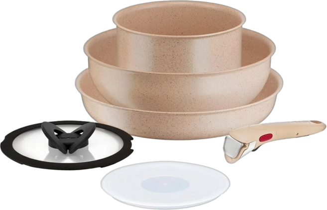 Tefal 特福 巧變精靈系列 鍋具6件組, 奶茶粉, 1組, 28公分平底鍋 + 18公分湯鍋 + 26公分炒鍋 + 可拆式把手 + 18公分玻璃鍋蓋 + 18公分塑膠鍋蓋