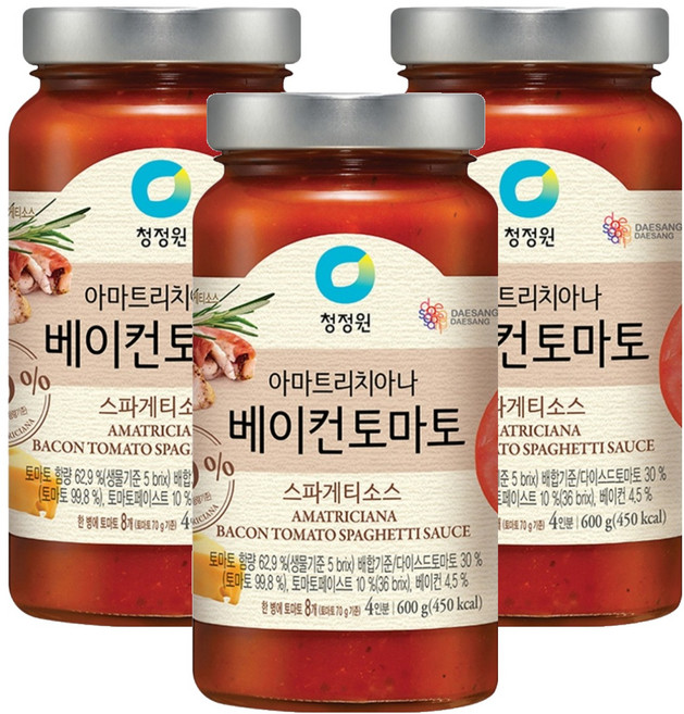 청정원 아마트리치아나 베이컨 토마토 스파게티소스, 600g, 3개