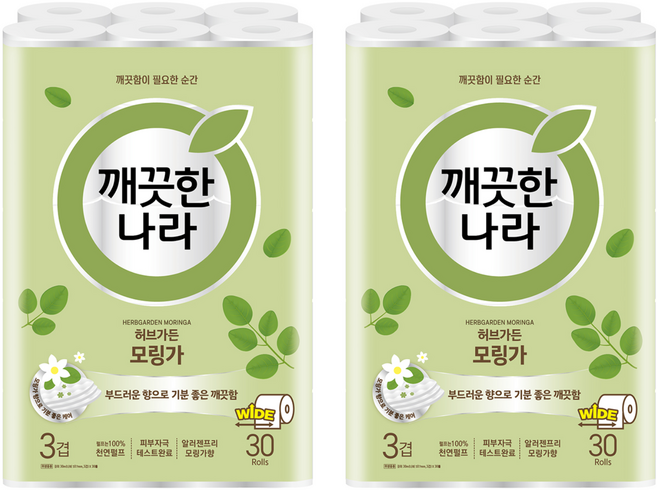 깨끗한나라 허브가든 모링가 3겹 천연펄프 화장지, 30m, 30개입, 2개