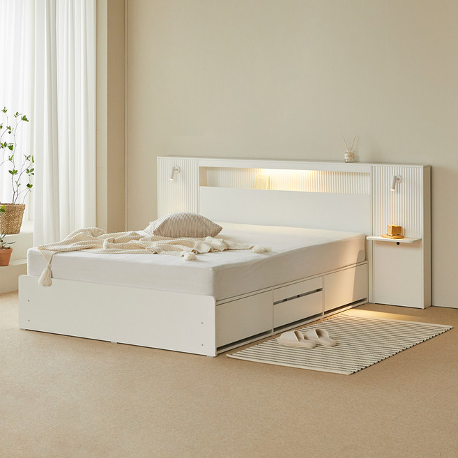 웰퍼니쳐 헤일로 LED 호텔식 수납침대 프레임 + 사이드 패널 2P 방문설치, 화이트