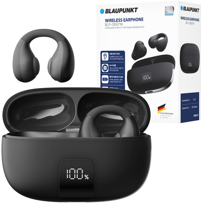 블라우풍트 오픈픽 클립 Ai ENC 이어커프 오픈형 블루투스 이어폰, BLP-OE671, 블랙