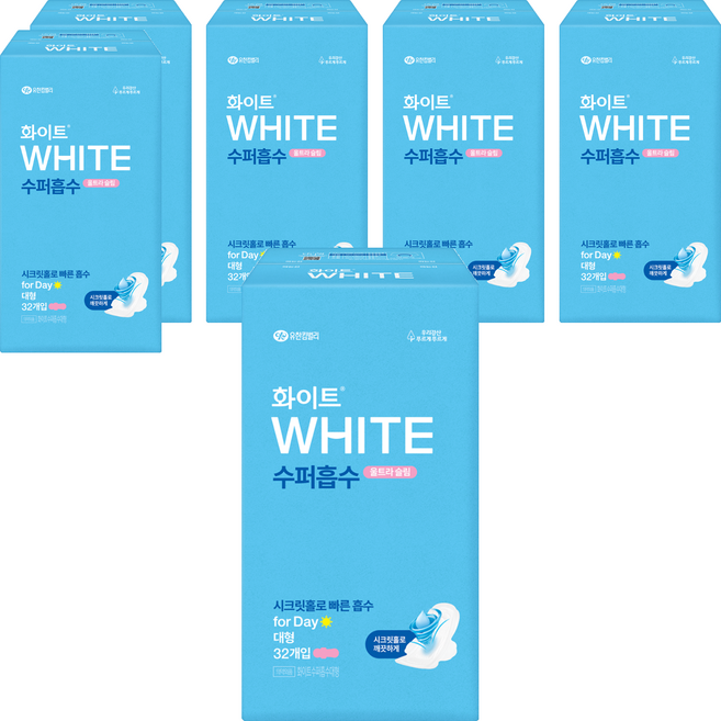화이트 수퍼흡수 생리대 날개형, 대형, 32개입, 6개