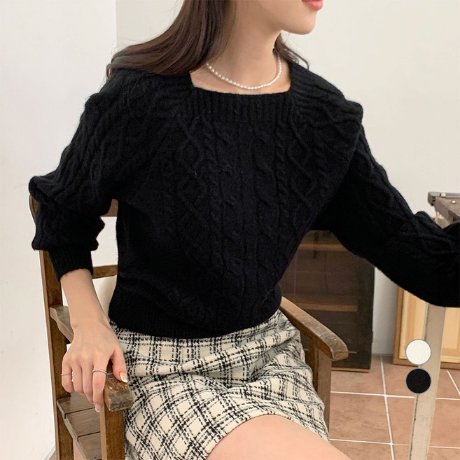 afinar 女款寬鬆方領麻花針織衫