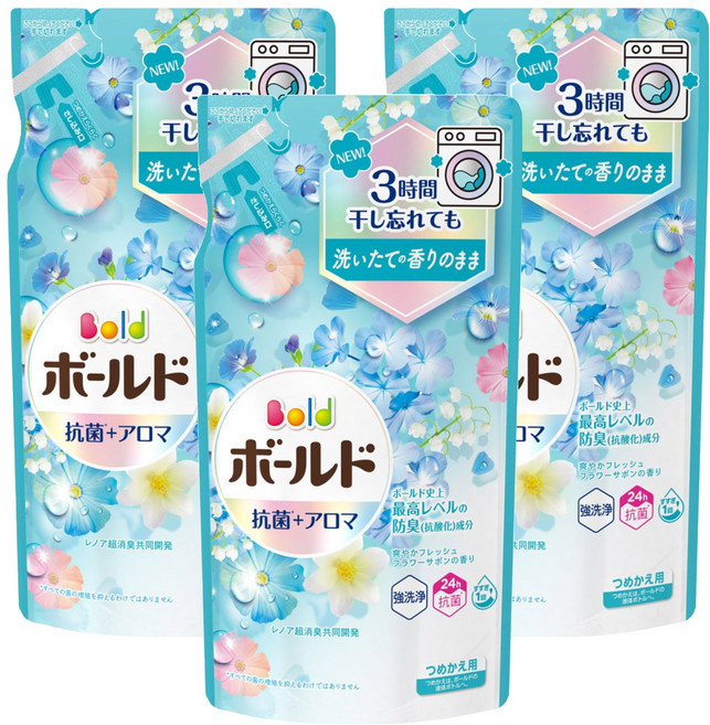 Bold 日本原裝進口 超濃縮衣物芳香洗衣精補充包 清爽花香 藍色, 400g, 3包