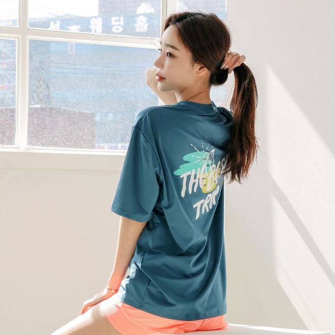 튜브트리 여성용 루즈핏 반팔 래쉬가드 상의 B6218, 코랄블루