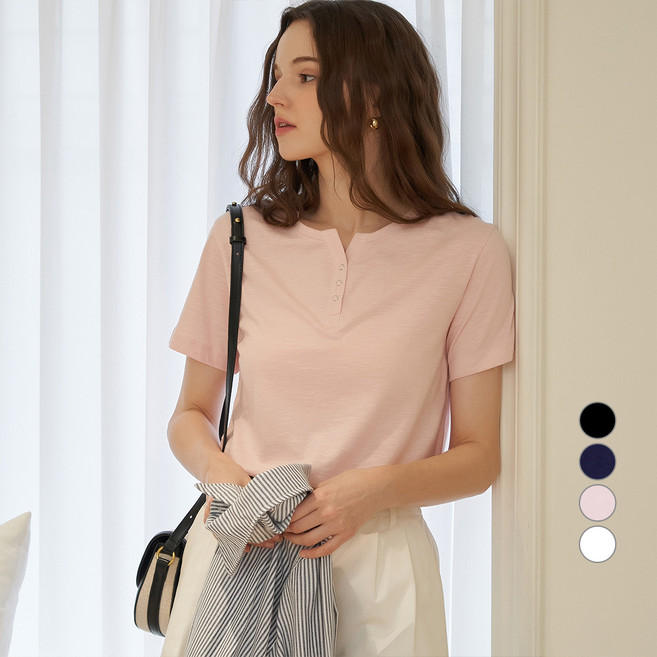 ELLE PARIS 여성용 헨리넥 반팔 티셔츠