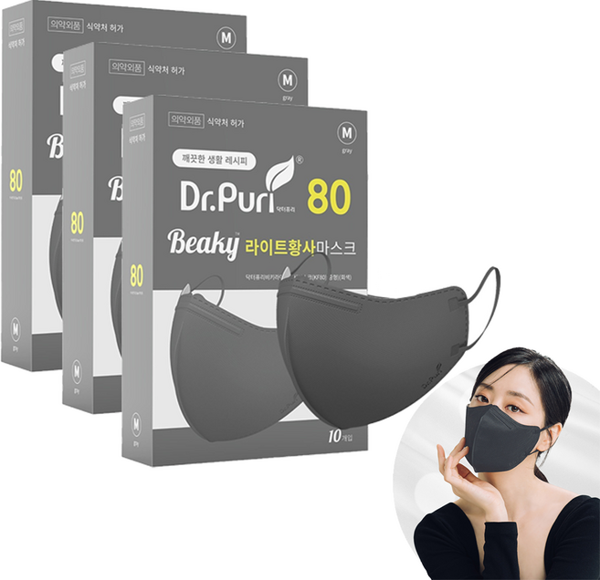 닥터퓨리 비키라이트 황사마스크 중형 KF80, 그레이, 3개, 10개입