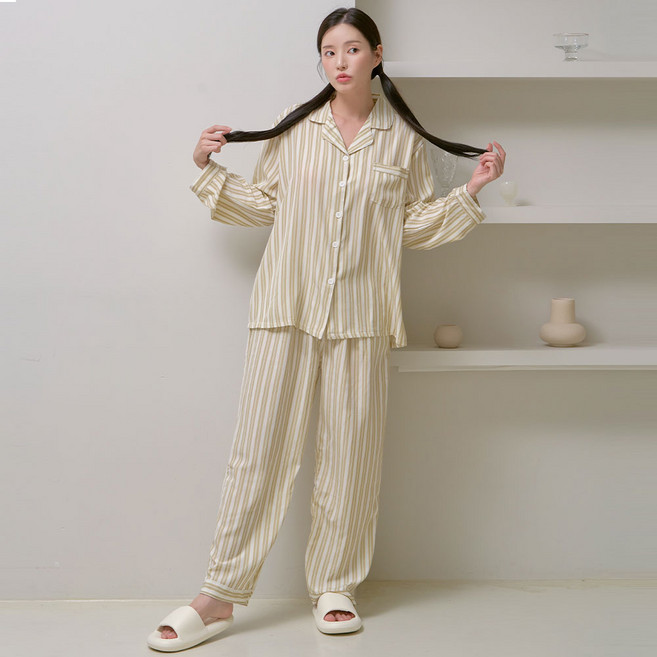 蒂芬妮領型長袖條紋情侶睡衣上下套裝