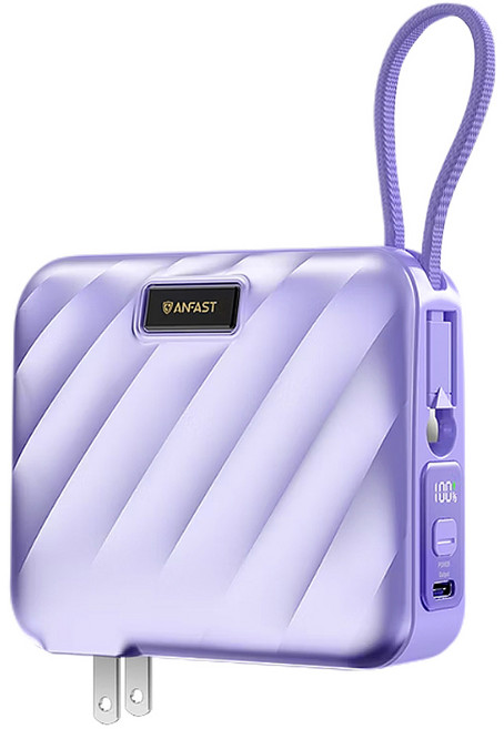 ANFAST PD 雙向快充電源 自帶插頭 精準LED顯示 15000mAh 45W快充, AF-P1545X, 紫色