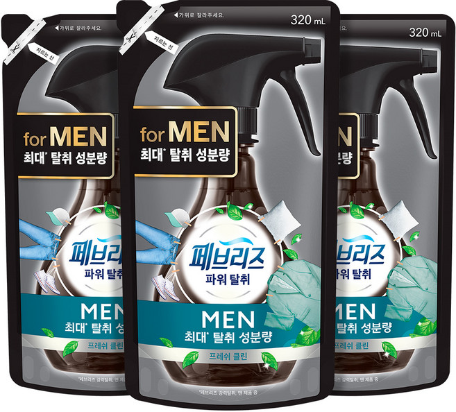 페브리즈 남성용 섬유탈취제 프레쉬 클린향 리필, 320ml, 3개