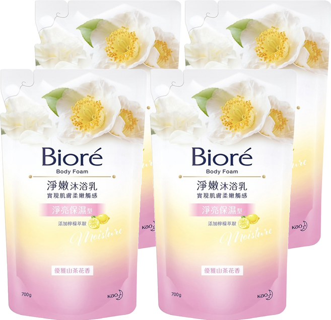 Biore 蜜妮 台灣公司貨 淨嫩沐浴乳 優雅山茶花香 淨亮保濕型 補充包, 700g, 4包