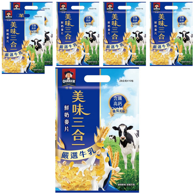 QUAKER 桂格 美味三合一麥片 嚴選牛乳 10包, 28g, 6袋