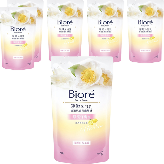 Biore 蜜妮 台灣公司貨 淨嫩沐浴乳 優雅山茶花香 淨亮保濕型 補充包, 700g, 6包