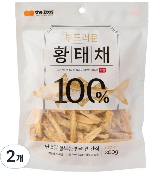 더주스 반려동물 부드러운 황태채 간식, 200g, 2개, 황태맛 - 쿠팡