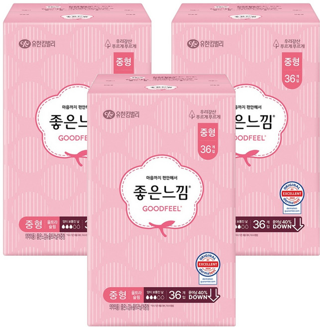 좋은느낌 오리지널 울트라슬림 생리대 날개형, 중형, 36개입, 3개