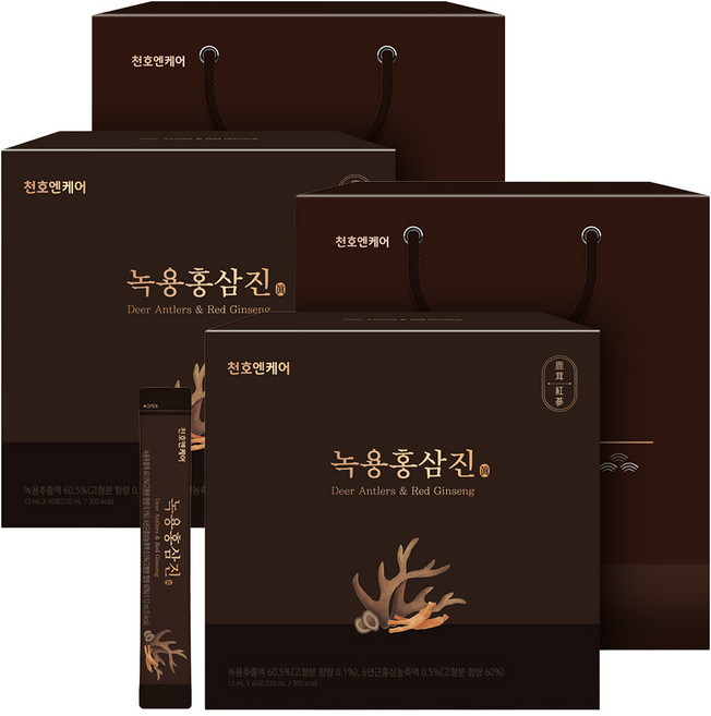 Chunho Ncare 鹿茸紅蔘濃縮液禮盒 60條入+購物袋組, 2組, 720ml