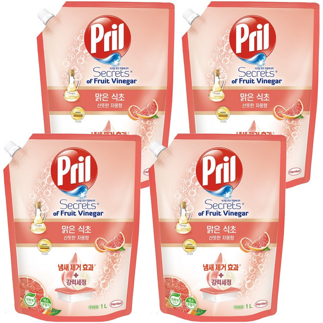 프릴 맑은 식초 주방세제 산뜻한 자몽향, 1L, 4개