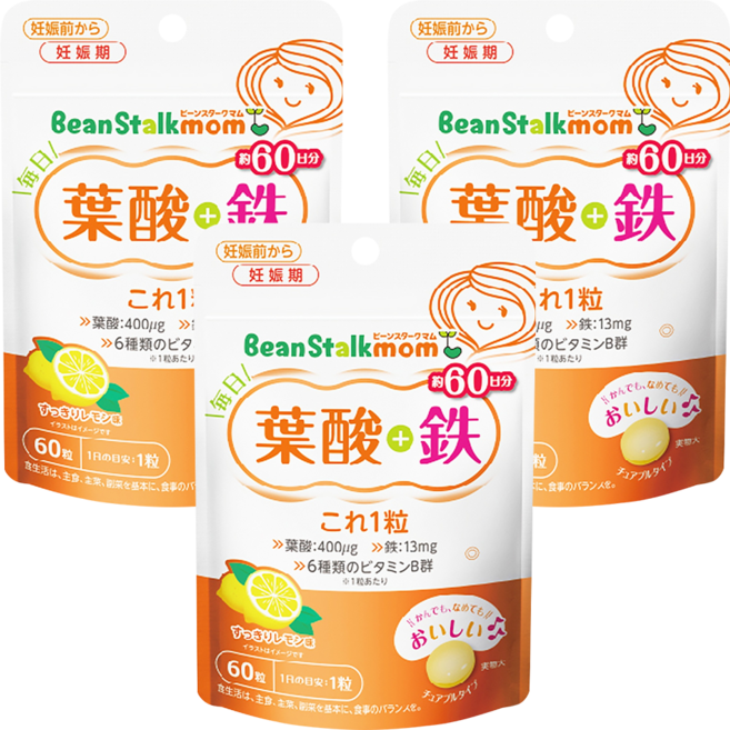 SNOW 雪印 Bean Stalk 葉酸鐵營養錠, 60顆, 1g, 3包