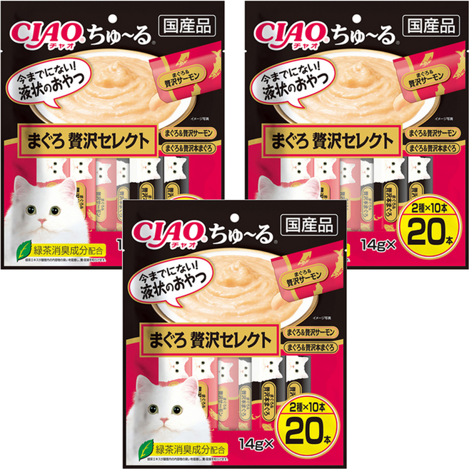 INABA CIAO 啾嚕 肉泥, 鮪魚 + 奢華鮭魚、鮪魚 + 奢華鮪魚, 280g, 3袋
