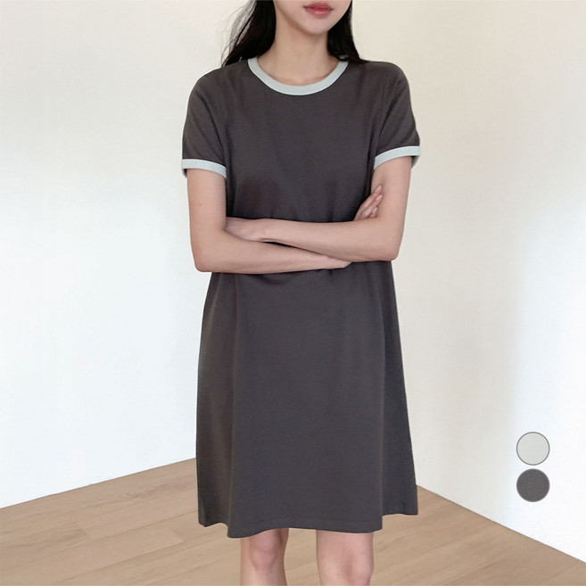 아피나르 여성용 고밀도 코튼 링거 포인트 반소매 미니 원피스