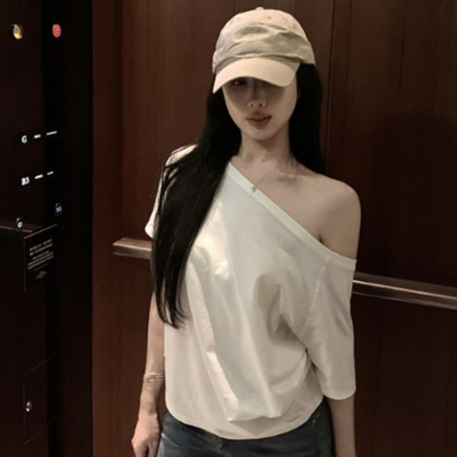 피어니스트 여성용 오버 루즈핏 오프숄더 반팔 티셔츠