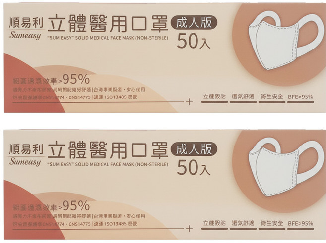 順易利 成人3D立體醫用口罩 寬耳帶 L, 50片, 灰色, 2盒