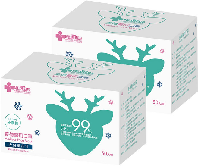 MEDTECS 美德醫療 醫用口罩 大兒童, 分享綠, 50片, 2盒