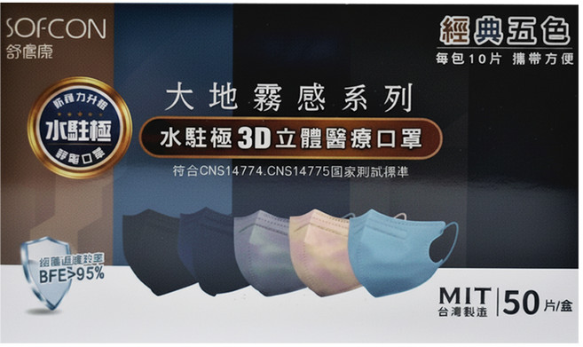 SOFCON 舒膚康 崇淮3D立體醫療口罩 未滅菌 經典五色, 50片, 堅果奶 + 莫蘭迪藍 + 薄暮灰 + 藏青藍 + 曜石黑, 1盒