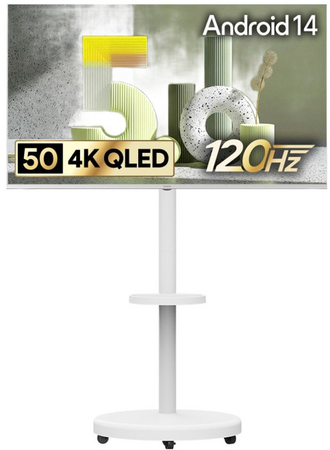 더함 4K UHD QLED 120Hz 돌비 AI 구글 5.0 리얼 화이트 스마트TV + 이동식 TV스탠드 삼탠바이미 화이트 세트, 127cm(50인치), UA501QLED, 스탠드형, 고객직접설치