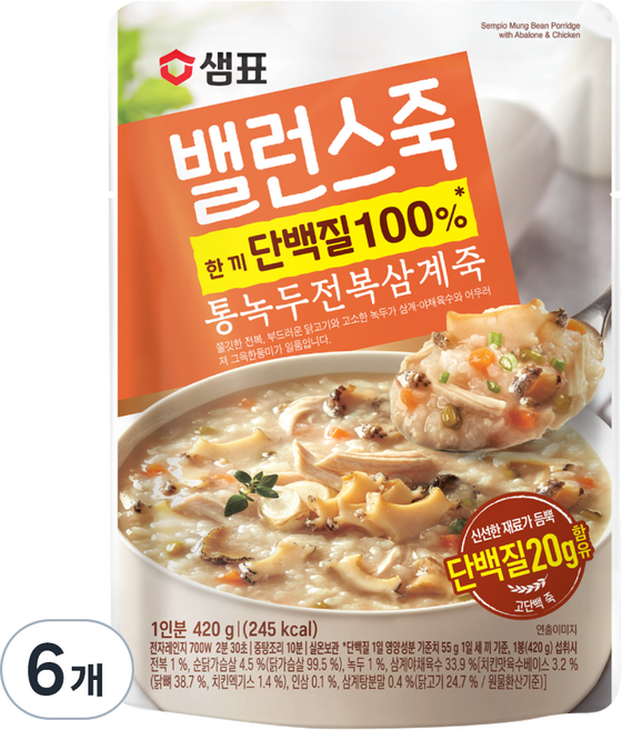 샘표 밸런스죽 통녹두 전복 삼계죽, 420g, 6개