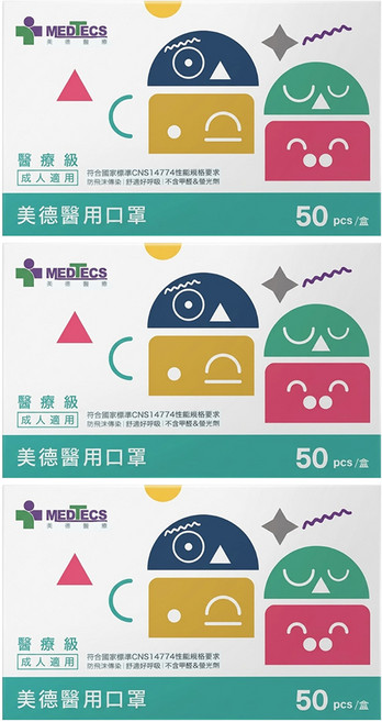 MEDTECS 美德醫療 成人醫用口罩, 灰熊棒, 50片, 3盒