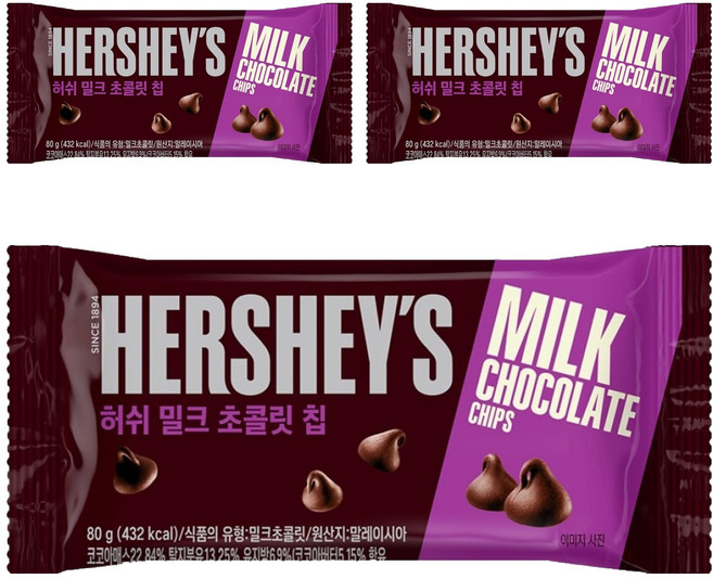 허쉬 밀크 초콜릿칩, 3개, 80g