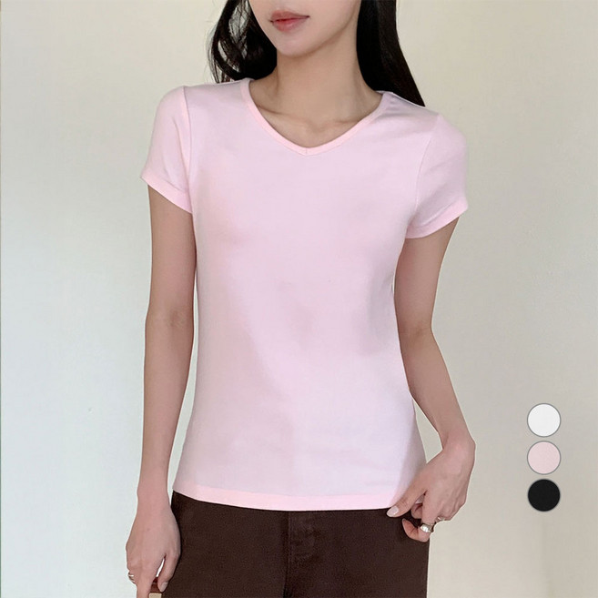 아피나르 여성용 통기성 슬림핏 브이넥 반팔 쫀쫀 립 티셔츠