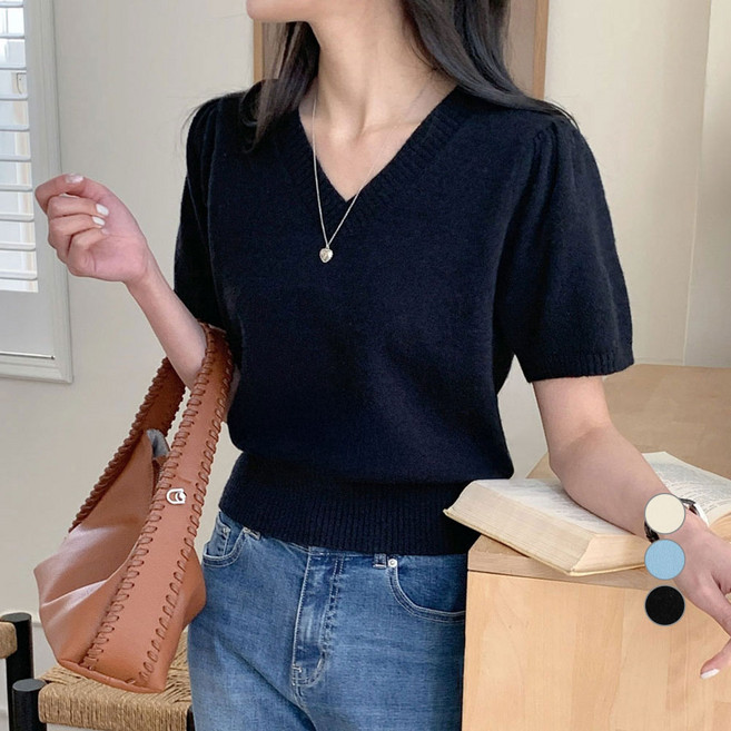 afinar 女款氣球袖V領日常短袖針織衫