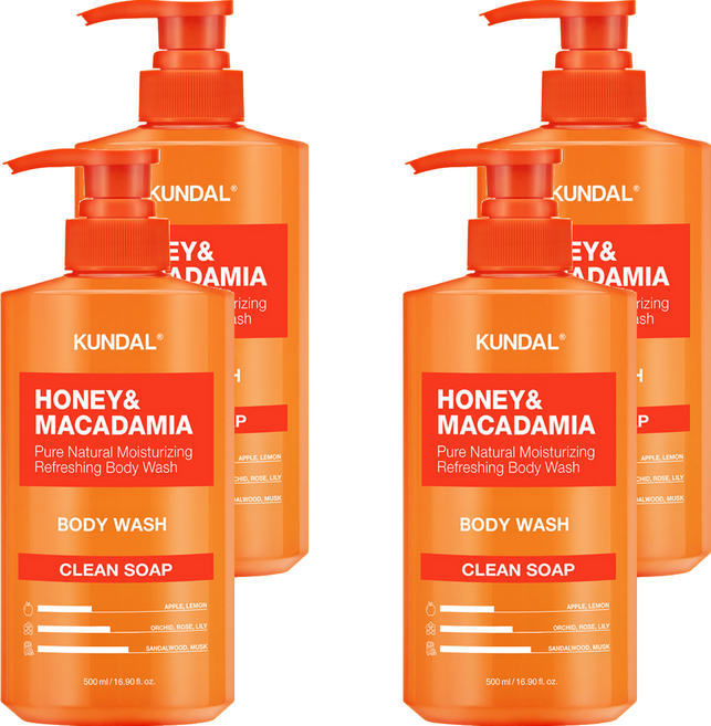 쿤달 허니 앤 마카다미아 퓨어 바디워시 클린솝, 500ml, 4개