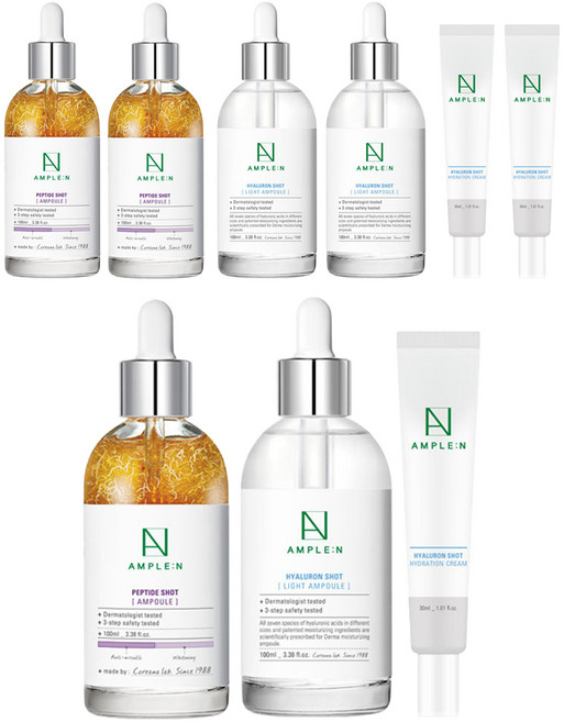 코리아나 앰플엔 펩타이드샷 앰플 대용량 100ml + 히알루론샷 라이트 앰플 대용량 100ml + 히알루론샷 수분 크림 30ml, 3세트