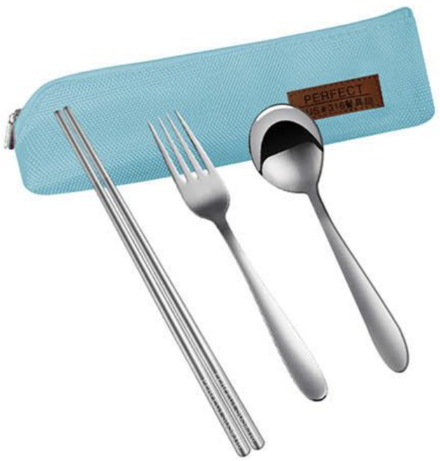 PLUS PERFECT 理想 晶鑽316餐具4件組, 筷子+湯匙+叉子+收納袋, 粉藍色, 1組