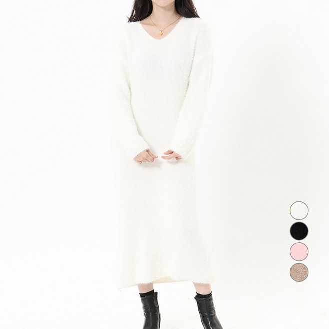 elsso. 鬆軟人造毛連身裙, 白色