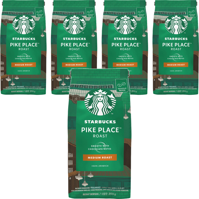 STARBUCKS 星巴克 派克市場烘焙咖啡豆, 咖啡豆(無研磨), 200g, 5包
