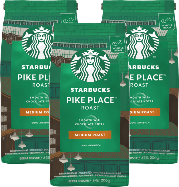 STARBUCKS 星巴克 派克市場烘焙咖啡豆, 咖啡豆(無研磨), 200g, 3包