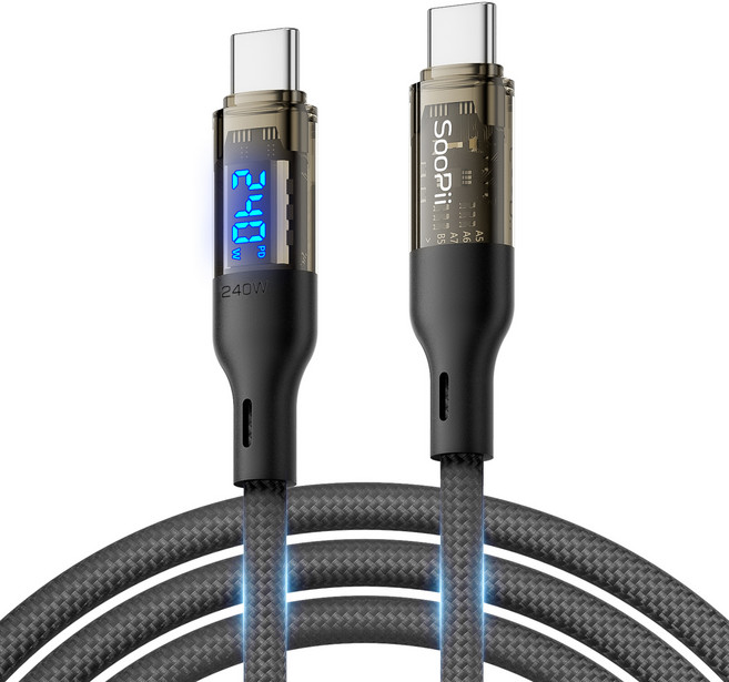 SooPii Type-C轉Type-C 電力顯示 240W 超高速充電線 S45CC, 2m, 黑色, 1個