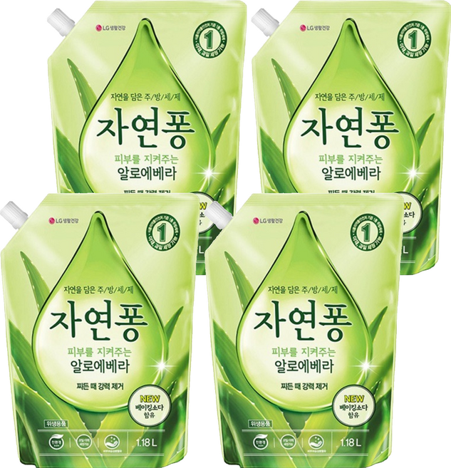 [비건라이프] 자연퐁 피부를 지켜주는 알로에베라 주방세제 리필, 4개, 1.18L