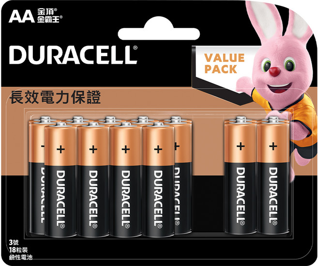 台灣公司貨 DURACELL 金頂 鹼性AA電池3號, 18顆, 1組