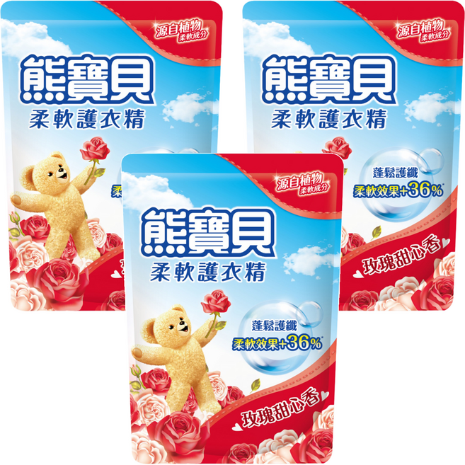 Snuggle 熊寶貝 衣物柔軟精 補充包 玫瑰甜心香, 1.84L, 3包