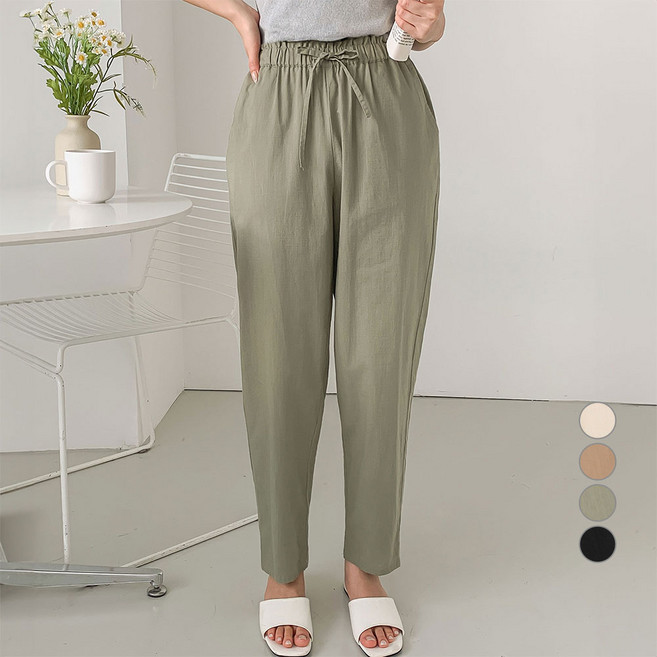 AFINAR 類亞麻透氣純棉舒適鬆緊腰長褲